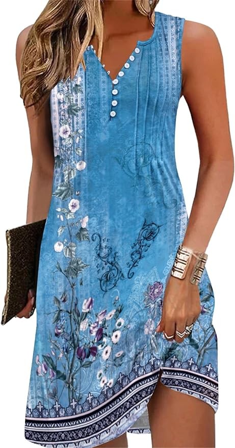 Beach Dresses for Women 2024 Vacation Swim Cover up V-Neck Summer Dress Button Down Sleeveless Boho Floral Sundress