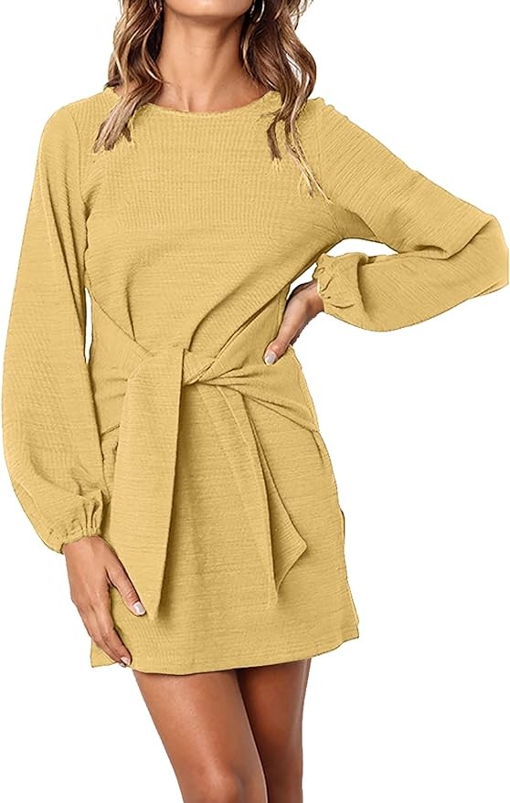 Pretty Garden Womens Long Lantern Sleeve Crewneck Tie Waist Knit Cocktail Dress