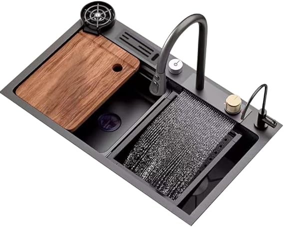 Kitchen Sink Set 304 Stainless Steel Nano Raindance Waterfall Sink Home Sink Vegetable Basin Single Sink Workstation With Pull-Out Faucet Pressurized Cup Washer1 Tool Holder Honeycomb Embossing Sink