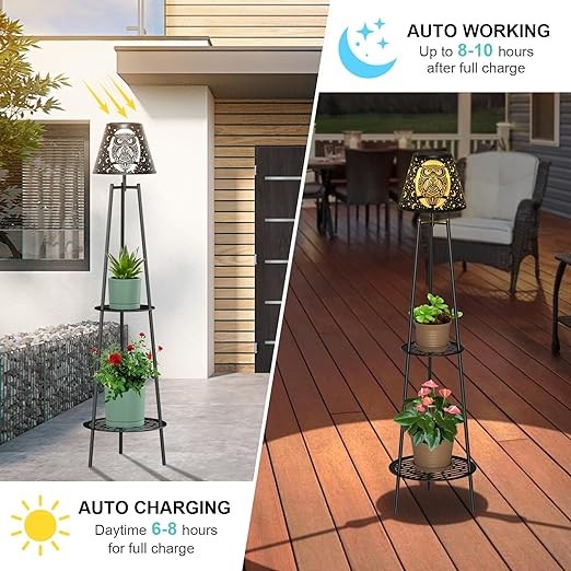 HDUAN IDT Owl Motif Metal Solar Lights Outdoor with Plant Stands 45.5'' Solar Powered Street Lights Solar Floor Lamp Tripod Deck Lights for Garden Yard Pathway Driveway Porch
