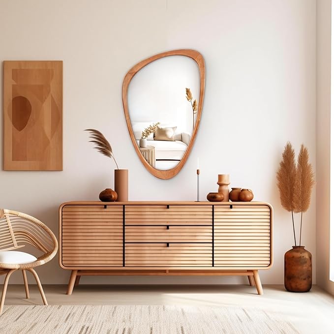 WallBeyond Asymmetrical Mirror, Irregular Wall Mirror, Wall Mirrors Decorative for Bedroom Living Room entryway Hall, Wood Mirror for mid Century Modern Decor 30.5" H x 19.5" W
