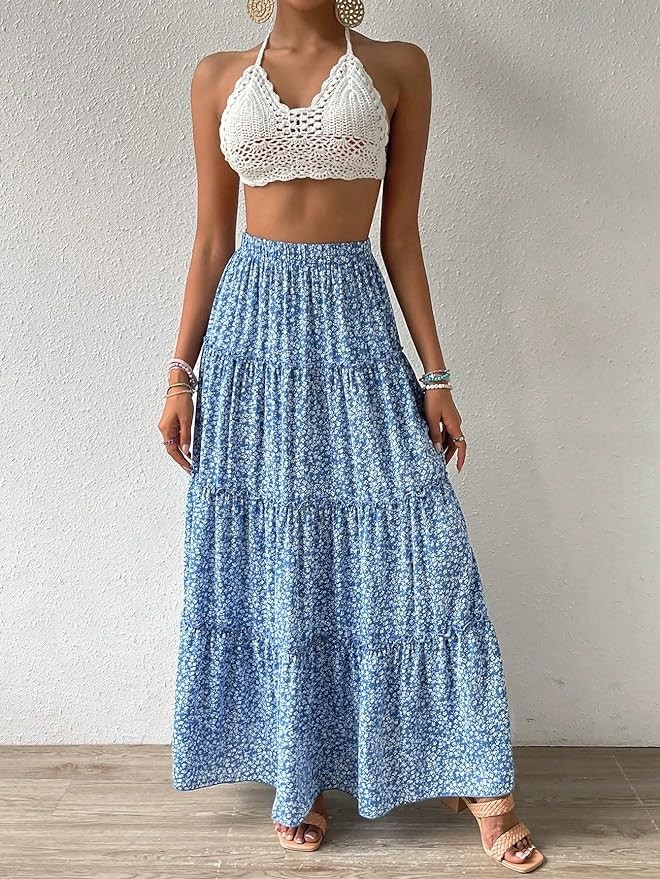 Verdusa Women's Floral Print Elastic High Waist Pleated Ruffle Flowy Long Skirts