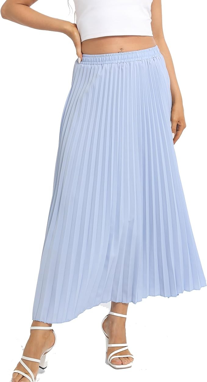 TEERFU Womens Elastic High Waist Flowy Pleated Skirt Chiffon Swing A-line Beach Maxi Skirt
