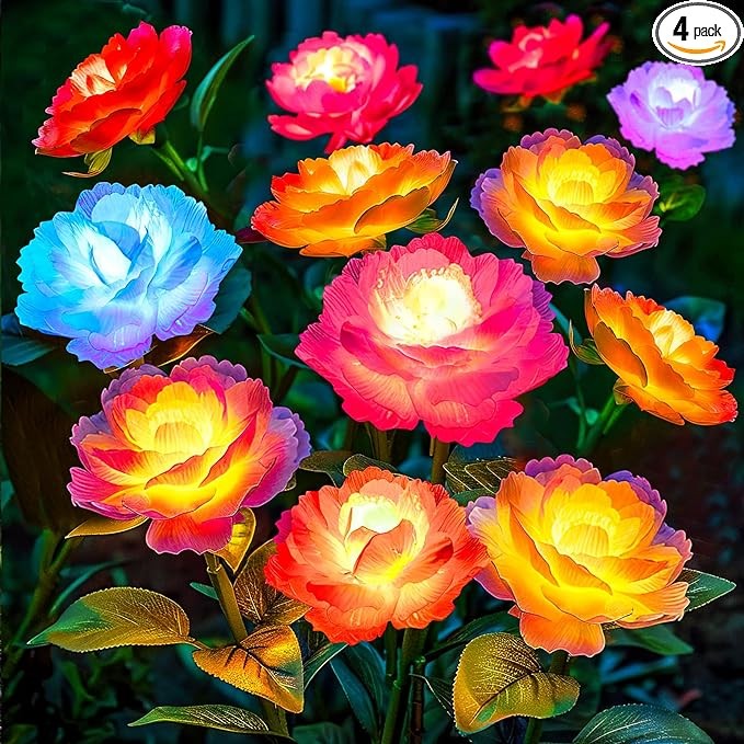 KOOPER Solar Lights Outdoor Garden Decor, 4 Pack Solar Garden Lights Outdoor with 16 Peony Solar Flowers, 7 Color Changing Solar Lights for Outside, Outdoor Solar Lights Yard Decor Mother's Day Gifts