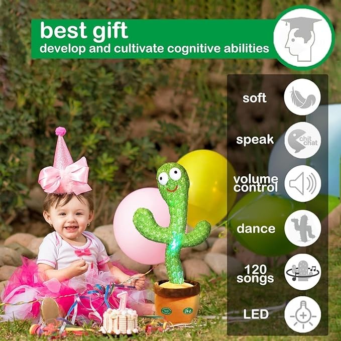 Pbooo Dancing Cactus Mimicking Toy,Talking Repeat Singing Sunny Cactus Toy 120 Pcs Songs for Baby 15S Record Your Sound Sing+Dancing+Recording+LED