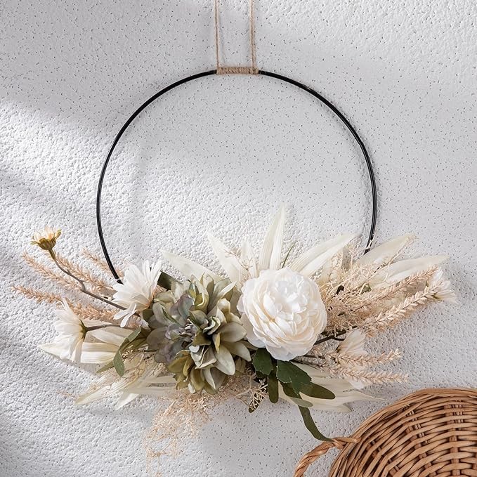 Weldomcor Artificial Floral Wreath for Front Door Floral Hoop Wreath Decor with White Flowers Green Leaves Garland Spring Wall Window Home Hanging Decorations
