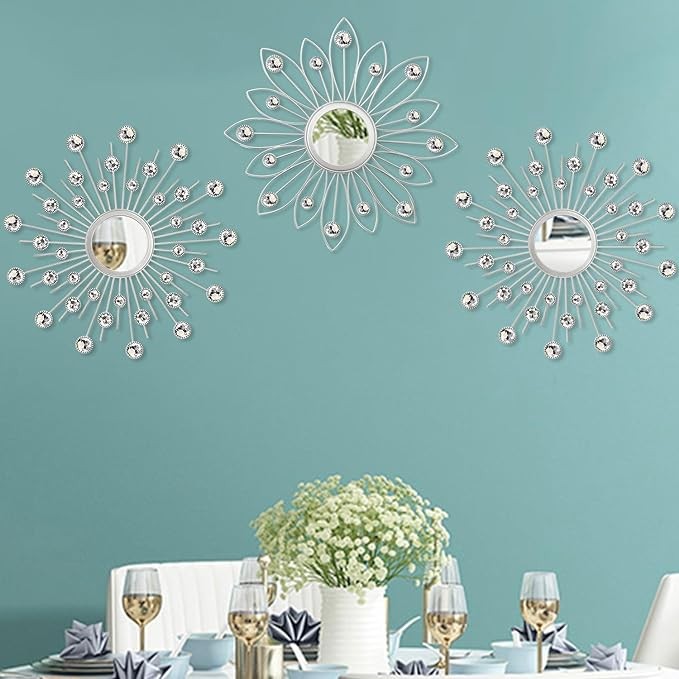 3 Pack Metal Mirrors for Wall Sunburst Wall Mirrors Home Décor Decorative Hanging Wall Art for Living Room Bedroom Entryway