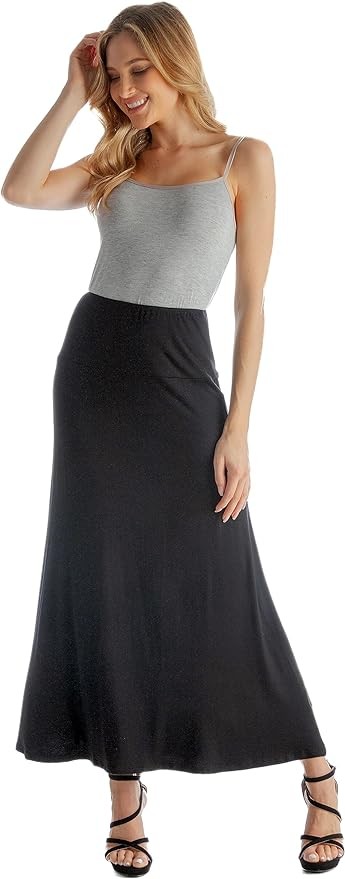 24seven Comfort Apparel Womens Casual Soft Knit Long Maxi Skirt Elastic Waist Wide A-Line Casual Ankle Length Skirts
