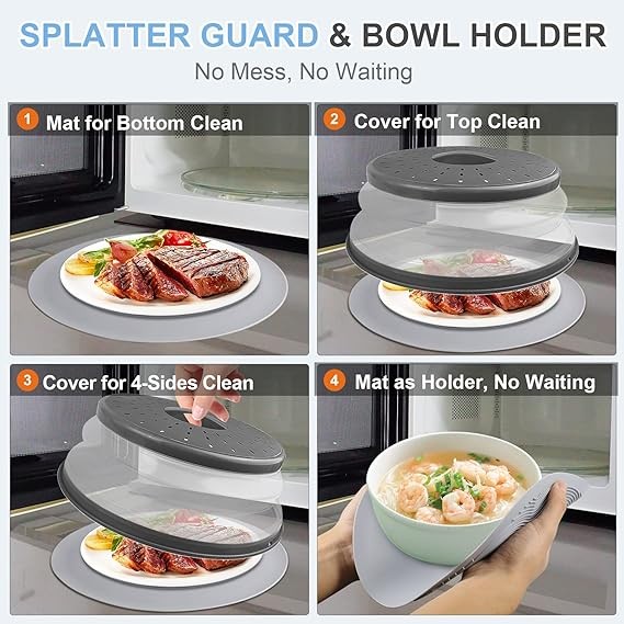 LekDrok 10 Inch Microwave Food Cover & Collapsible Silicone Mat - Splatter Guard, Plate Holder & Kitchen Colander for Meal Prep, Charcoal
