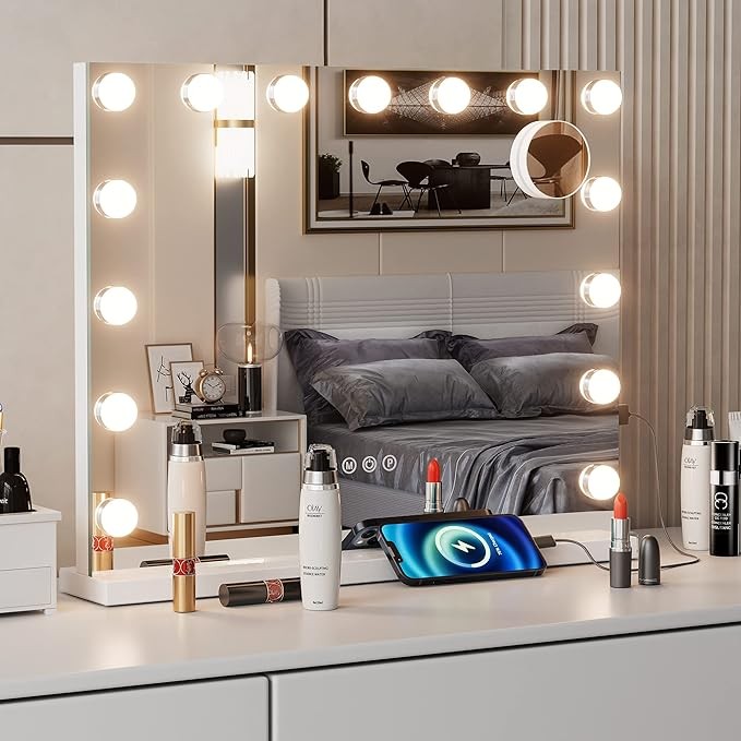 RICHTOP Hollywood Lighted Makeup Mirror, Vanity Mirror with Lights w/ 15pcs 3 Colors Light Dimmable LED Bulbs with 10X Magnification, Tabletop & Wall Mounted Mirror with Plug-in and USB Port