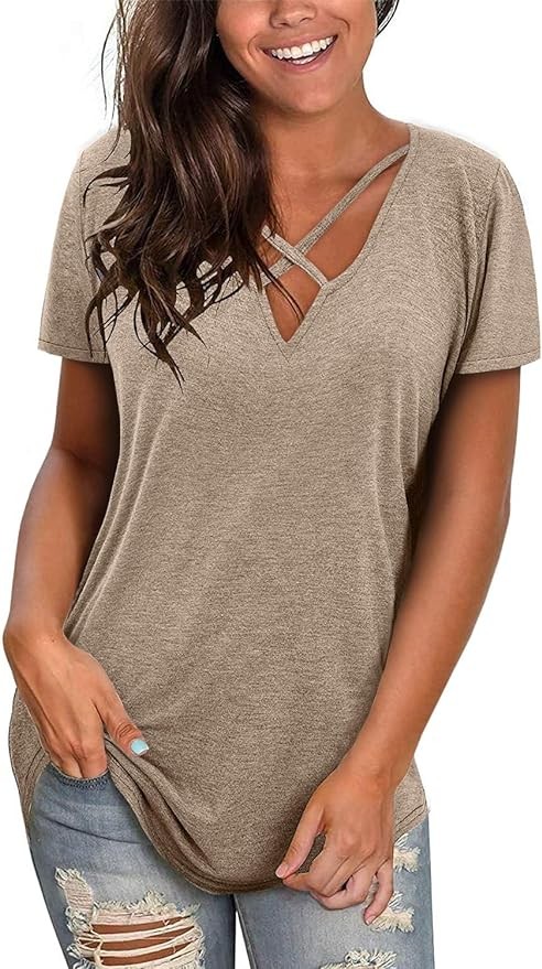 Esobo Womens T Shirts 2024 Summer Tops Loose Short Sleeve Tee Casual Basic V Neck Tunics Low Cut Sexy Criss Cross Cute T