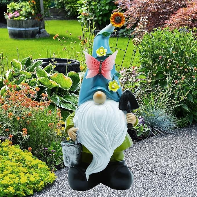 REYISO Gnome Statue for Garden Decor with Solar Lights, Outdoor Gnome with Butterfly Decorations & Sunflower Hat, Gnome Statue for Patio, Balcony, Lawn Ornament, for Mom, Women, Men