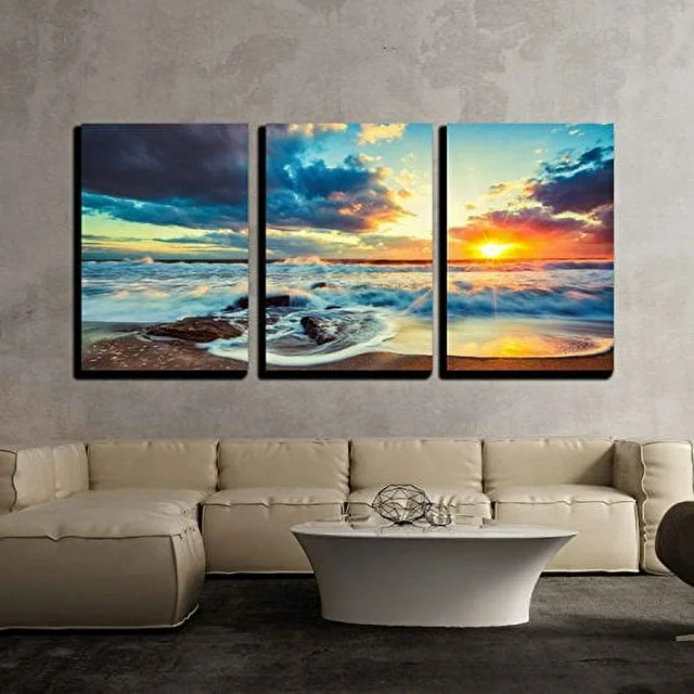 wall26 - 3 Piece Canvas Wall Art - Beautiful Cloudscape Over The Sea, Sunrise Shot - Modern Home Art Stretched and Framed Ready to Hang - 16&quot;x24&quot;x3 Panels