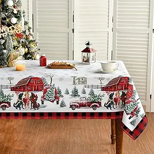Horaldaily Christmas Tablecloth 60×104 Inch, Dogs Truck House Snow Washable Table Cover for Party Picnic Dinner Decor