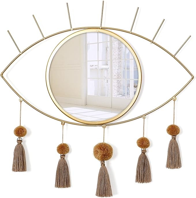 KHOYIME Evil Eye Wall Mirror Boho Gold Mirrors Decorative Metal Mirror with Tassels, Great Macrame Wall Art Bohemian Hanging Decor for Bedroom Living Room Bathroom