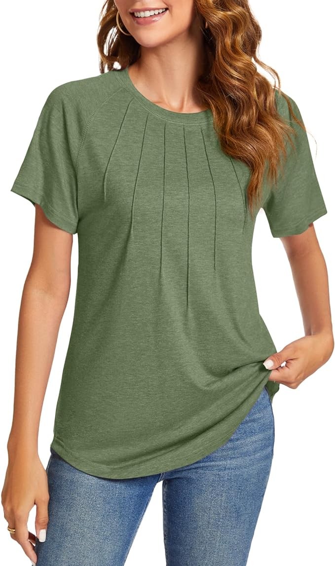 YSYOKOW Womens Summer Tops Casual Short Sleeve Shirts Dressy Blouses Trendy Pleated Tunic