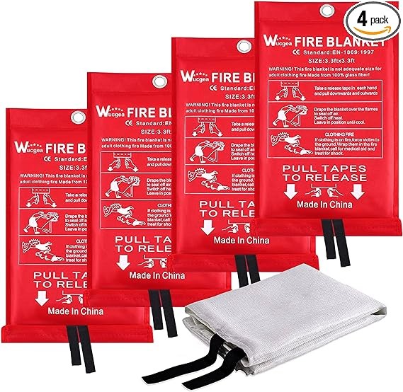 Wucgea Fire Blanket for Home and Kitchen - 4 pack Safety Fiberglass Emergency Fire Blankets Suppression Flame Retardant for School Fireplace Grill Car Office Garage Welding Warehouse 3.3ft x 3.3ft