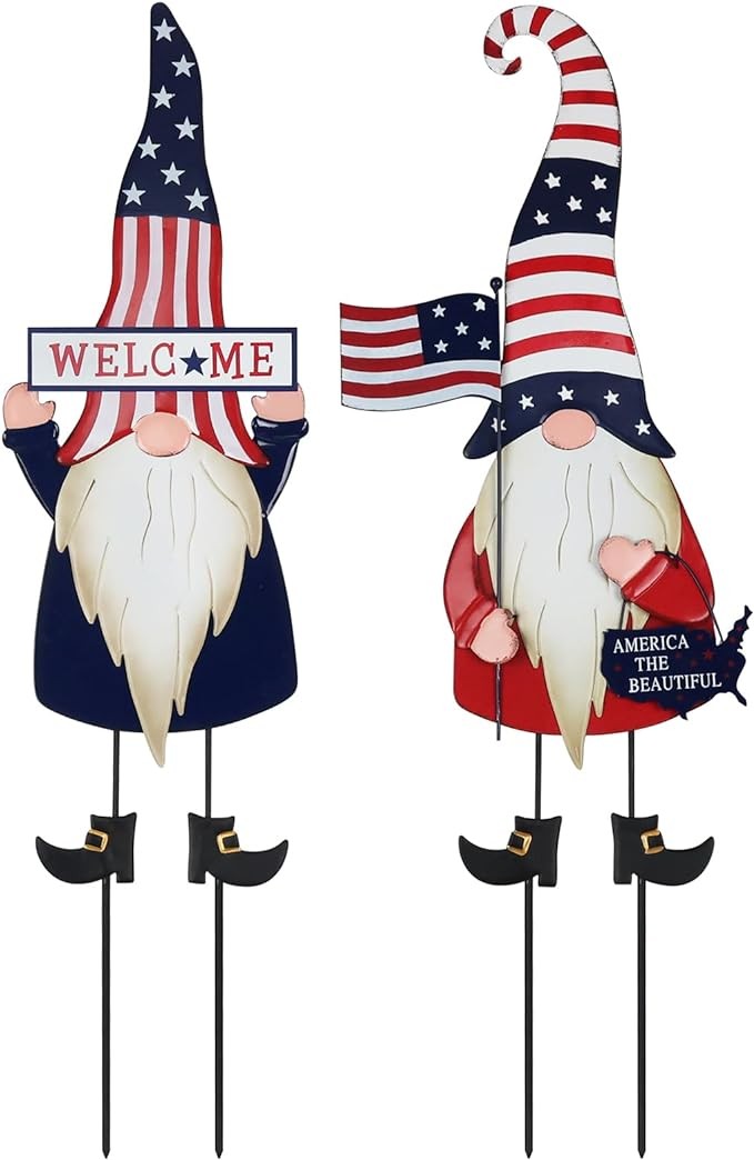 YEAHOME 4th of July Decorations Outdoor, Set of 2 Gnomes Decorative Garden Stakes for Fourth of July Decorations, Patriotic Decorations Metal Yard Signs for Garden Lawn Porch Memorial Day Decorations