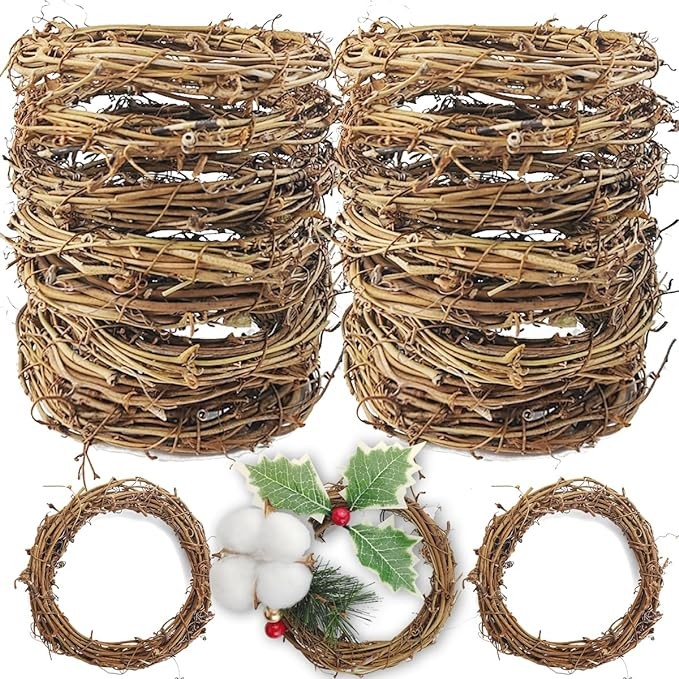 TIHOOD 16PCS 4inch Grapevine Wreaths Vine Branch Wreath Christmas Rattan Wreath Garland Decoration for Christmas Holiday Craft or Wedding Supplies