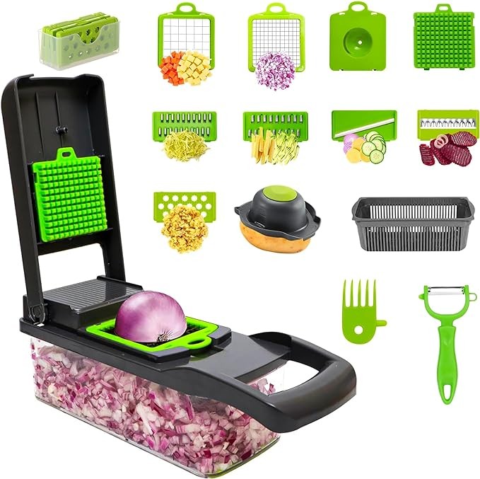 Vegetable Chopper,14 in 1 Multifunctional Food Chopper Pro Onion Mincer Kitchen Veggie Gadgets Slicer Dicer Cutter With 8 Blades & Strainer Basket,Carrot Potato Egg Slicer Cheese Grater With Container