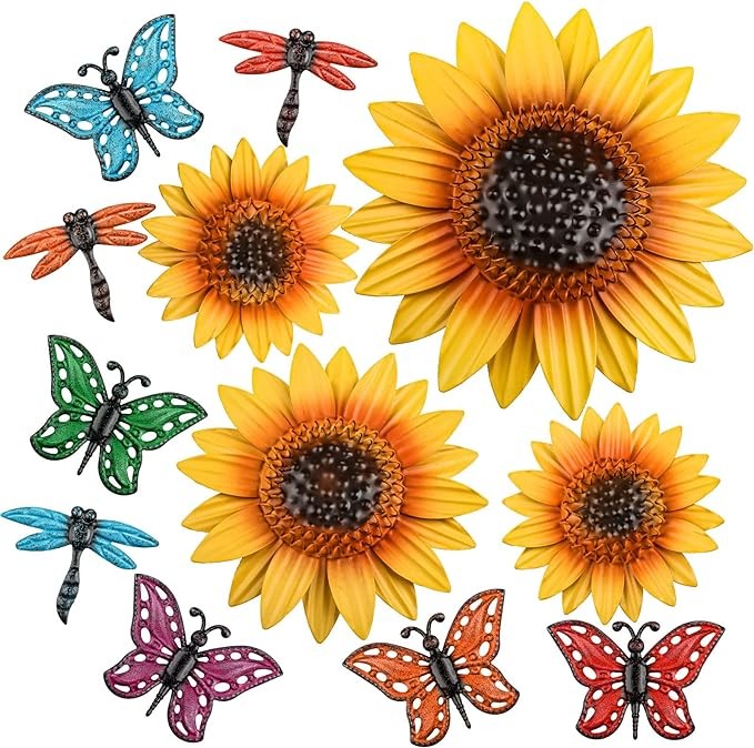 Sweetude 12 Pcs Metal Sunflower Wall Decor Colorful Metal Dragonfly Butterfly Outdoor Decor Garden Fence Patio Yard Flowers Wall Art Metal Summer Flowers Wall Decor Hanging for Home