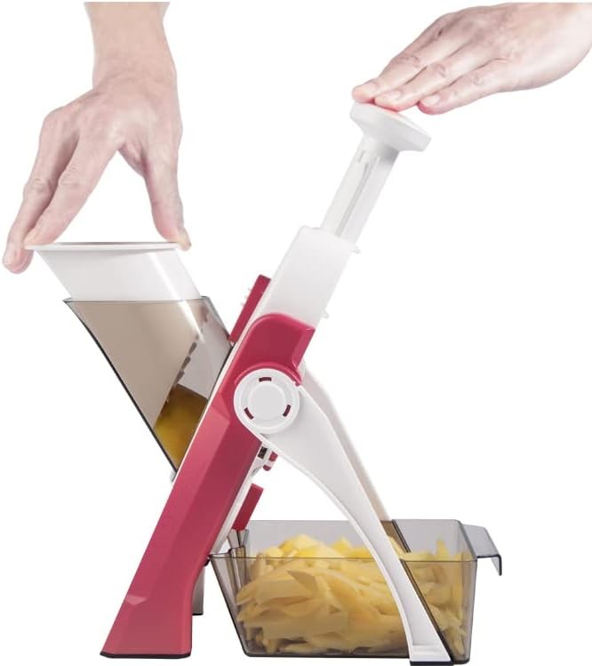 ONCE FOR ALL Safe Mandoline Slicer 5 in 1 Vegetable Cutter, Strips Julienne Dicer Adjustable Thickness 0.1-8 mm for Kitench Fast Meal Prep (Red)