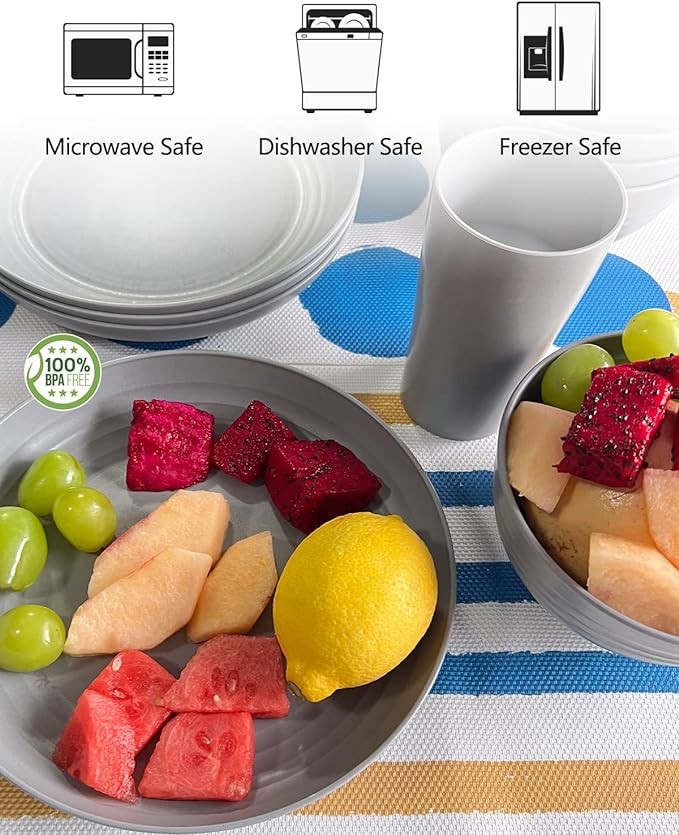 KITWILD Wheat Straw Dinnerware Sets, 12-Piece Lightweight Plastic Dinnerware Set with 8.9 Inch Unbreakable Plates, Bowl Set and Cup Set, BPA free, Dishwasher & Microwave Safe, Service for 4 - Grey