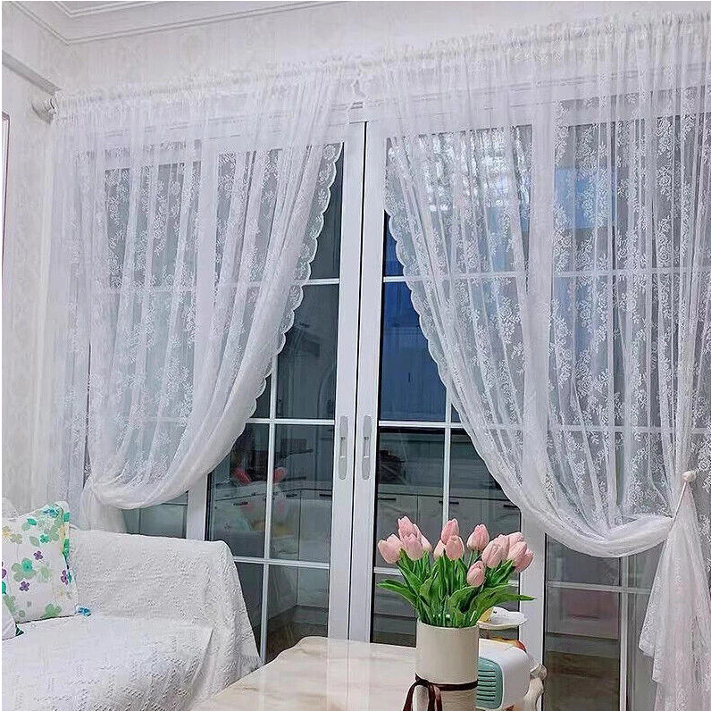 White Lace Sheer Panel Curtains Rod Pocket Window Tulle Voile Curtain Home Decor