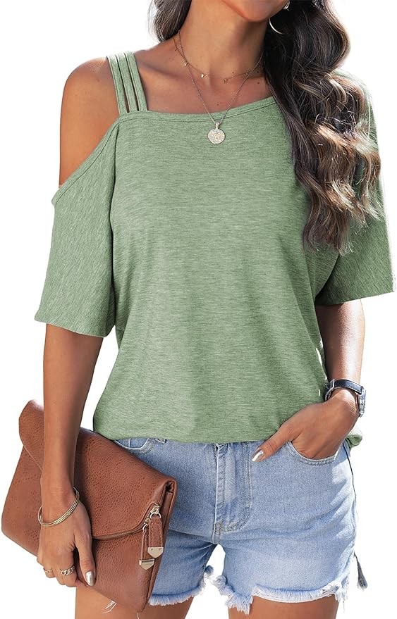 Dokotoo Women's Sexy Off Shoulder Tops 2024 Fashion T Shirts Blouses Summer Short Sleeve Casual Vacation Tees