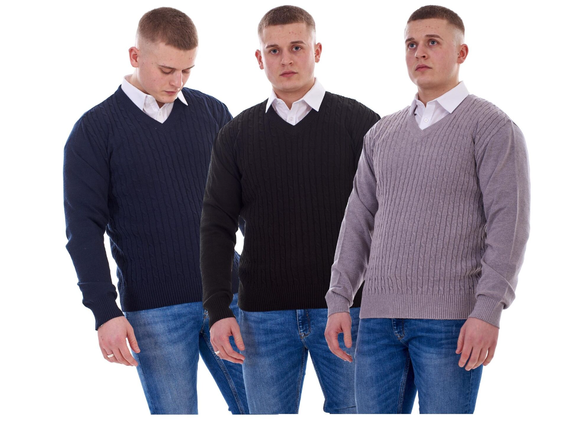 Mens Jumper Cable Knit V-Neck Chunky Pullover Warm Casual Long Sleeve Sweater