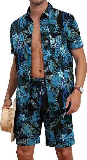 YTD Mens Flower Hawaiian 2 Piece Outfit Sets Short Sleeve Beach Casual Button Down Shirt and Shorts Suits