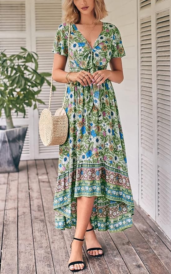 PRETTYGARDEN Deep V Neck Bohemian Floral Summer Dresses for Women 2023 Cutout Short Sleeve Casual Party Beach Maxi Dress