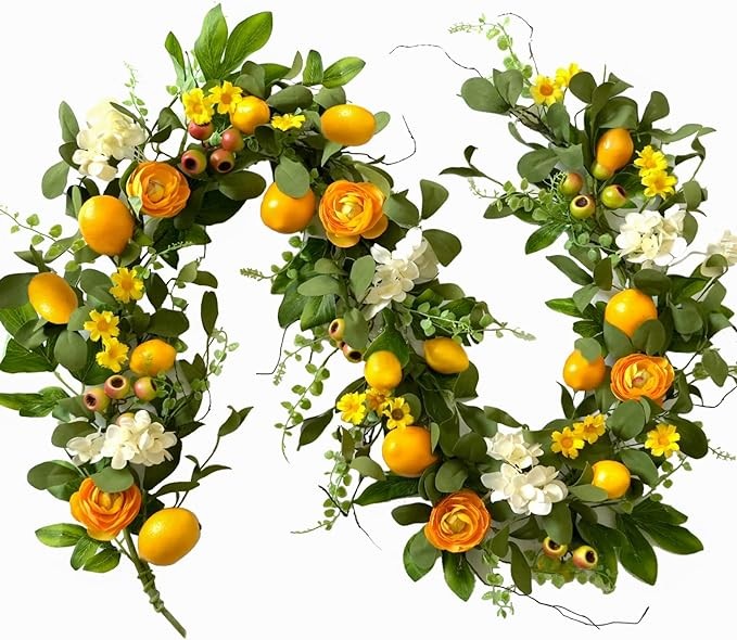 Bibelot 66 inch Artificial Lemon Garland for Front Door Yellow Peony White Hydrangea Green Leaves Wreath with Big Berries Wreath Grapevine Wreath Spring Summer Wreath for Wall Window Party Decor