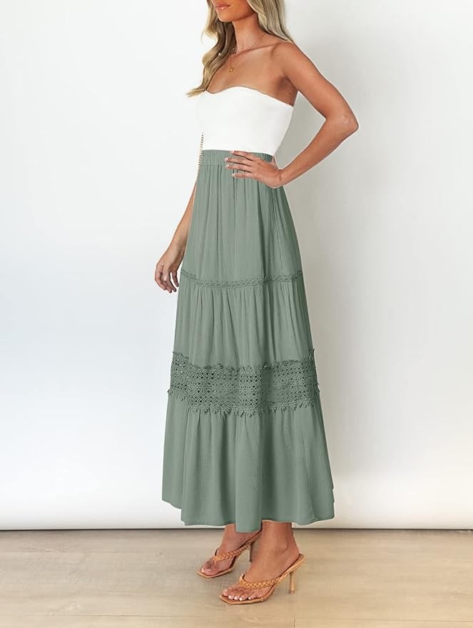 MEROKEETY Women's Boho Elastic High Waist Pleated A-line Ruffle Lace Trim Tiered Midi Maxi Skirt with Pockets