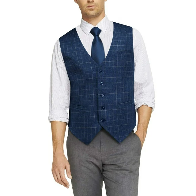 HISDERN Men's Suit Vest Plaid Dress Vest for Men Slim Fit Formal Business Waistcoat Tuxedo V-Ncek Vest