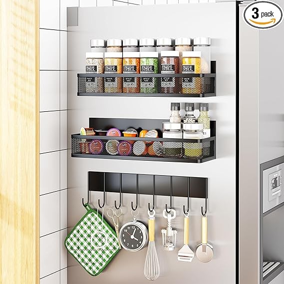 Aufworld Magnetic Spice Rack for Refrigerator, 3 Pack Magnetic Shelf, Moveable Fridge Organizer with 8-Hook Rack, Seasoning Organizer for Kitchen
