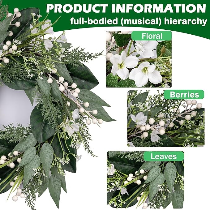 20 inch Spring Wreaths for Front Door with White Berries, Green Wreath with White Flower for Window Wedding Decor Home Porch Farmhouse Patio Garden Decor All Seasons
