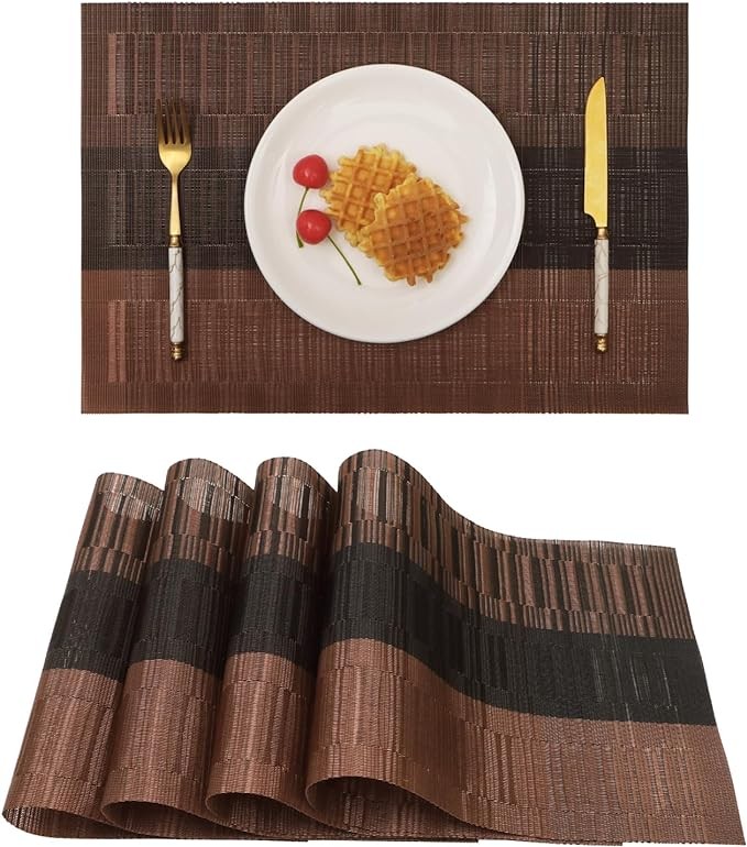 Vinjiasin Placemats Set of 4 for Dinner Table Brown Gradient Stripes Placemats Vinyl Woven Place Mats Kitchen Table Mats for Indoor Outdoor Washable Sturdy Heat Resistant Easy to Clean