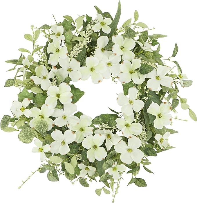 YNYLCHMX 18" Spring Wreaths for Front Door Summer Wreath with White Phalaenopsis Green Eucalyptus Leaves, Artificial Wreath Green Foliage Wreath for Wall Window Farmhouse Party Holiday Home Decor