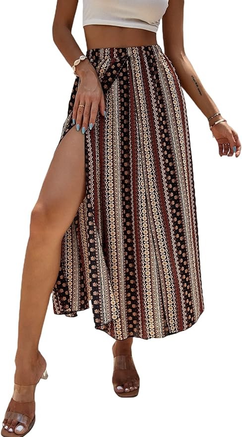 Verdusa Women's High Split Tribal Print Striped Boho Elastic Waist Long Skirt