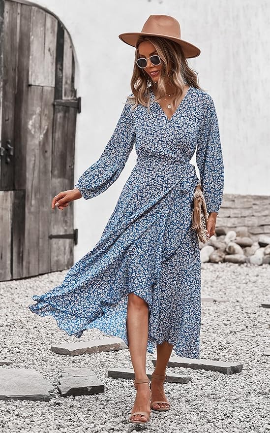 Pretty Garden Womens Long Sleeve Vintage Flowy Dress Floral Print V Neck Maxi Dresses With Belt