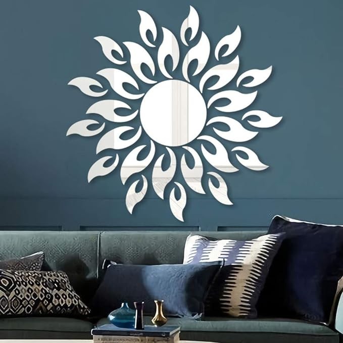 MAKLYER Sun Flower 3D Mirror Wall Stickers Sun Pattern Wall Stickers DIY Round Flower Sunflower Removable Acrylic Modern Home Decoration Art (Silver)