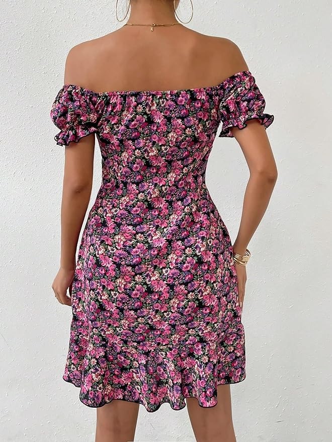 Floerns Women's Floral Summer Dress Tie Front Off Shoulder Short Sleeve Dress